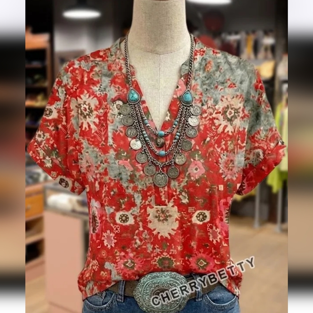 NWOT - Coral Floral Short-Sleeve Lightweight Henley Shirt for Women